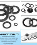 Group of black conical knurled spring washers in sizes M3–M16, 65Mn steel, shown with ruler for scale.
