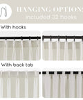 Extra Wide Linen Curtains With Tailored Pinch Pleat Top For Track System With Hooks, Light Filtering Semi Sheer Panel shown hanging options.