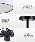 Cool Semi-Flush Mount Ceiling Light With Diffused Drum Shade, white shade, black finish, detailed parts view, 18 inch fixture.