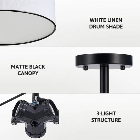 Cool Semi-Flush Mount Ceiling Light With Diffused Drum Shade, white shade, black finish, detailed parts view, 18 inch fixture.