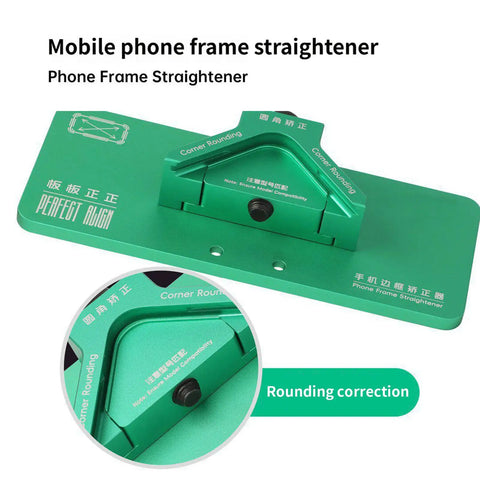 Pro Grade High Precision Aluminum Frame Straightener Tool For Mobile Phone Repair with green metal body and corner rounding feature