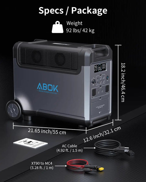 Image showing Prepper Ready Solar Generator Kit with 3600W Power Station, dimensions, weight, and cables for home off-grid living.