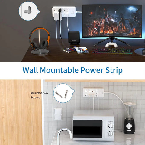 Two Prong To Six Outlet Power Strip With Ten Foot Extension Cord 2100J Surge Protector 1875W Six Outlets And Four USB Ports