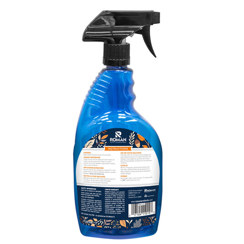 Back view of EZ Hang Peel And Stick Wallpaper Helper Clear Spray 32 oz bottle with label showing instructions