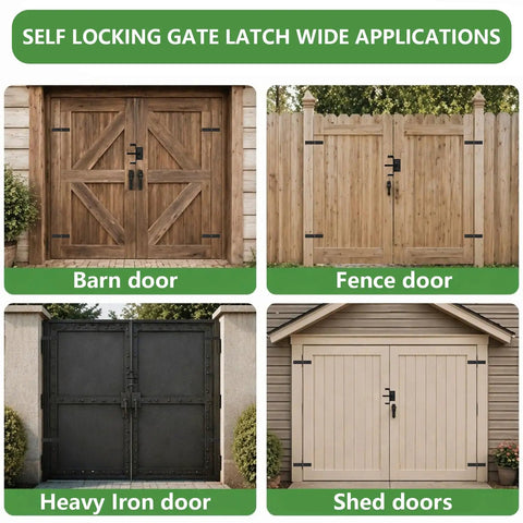 Heavy Duty Gate Hinge And Self Locking Latch Set For Wood Fence Two Pack Auto Lock Gravity Latch Keeps Gate Secure In Windy Weather No Manual Latching Required on barn, fence, iron, and shed doors