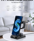 Three In One Wireless Charging Station With Clock For Galaxy S25 Ultra S24 Ultra Z Flip 7 Fold 6 Buds Pro And Galaxy Watch 8 7 6 5 Pro on desk