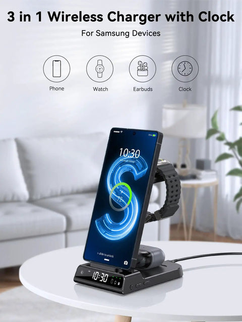 Three In One Wireless Charging Station With Clock For Galaxy S25 Ultra S24 Ultra Z Flip 7 Fold 6 Buds Pro And Galaxy Watch 8 7 6 5 Pro on desk