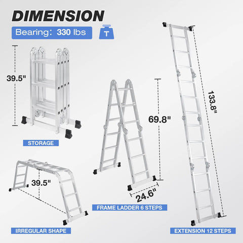12.5 Foot Multi Purpose Folding Ladder For Home Roof RV And Painting, All In One 7 In 1 Aluminum Collapsible Extension Ladder With Large Joints, Adjustable Step Ladder, Lightweight And Rust Resistant., 6-step frame ladder dimensions and 330 lb capacity