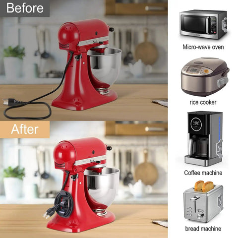 Before and after using 10 Pack Cord Organizer For Kitchen Appliances Stick On Cord Winder Cord Wrapper For Coffee Makers Air Fryers Pressure Cookers Mixers And Toasters Includes Black White Gray Red Green Color Set on red mixer.