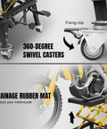 Heavy Duty Motorcycle Lift Table With 350 Lb Capacity Hydraulic Foot Operated Scissor Lift, focus on swivel casters and drainage rubber mat.