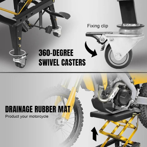 Heavy Duty Motorcycle Lift Table With 350 Lb Capacity Hydraulic Foot Operated Scissor Lift, focus on swivel casters and drainage rubber mat.