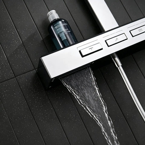 Exposed Shower Faucet System Piano Key Diverter Control Chrome displaying water flow and control buttons on a textured black tile.