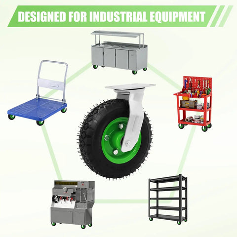 Eight Inch Pneumatic Caster Wheels Set Of Four Dual Ball Bearing Heavy Duty mounted on various industrial carts and equipment.