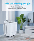 Real Deal Compact Twin Tub Portable Mini Washing Machine 21 Pounds Capacity Semi Automatic Washer Spin Dryer Combo Built In Drain Pump in a bright room with potted plant.