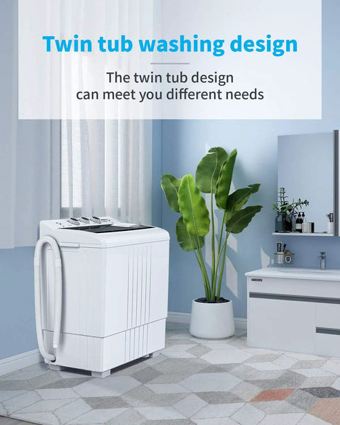 Real Deal Compact Twin Tub Portable Mini Washing Machine 21 Pounds Capacity Semi Automatic Washer Spin Dryer Combo Built In Drain Pump in a bright room with potted plant.
