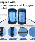 Blue ultralight compression sack for sleeping bags 11L 18L 30L 45L, water resistant and space saving, with compression straps.
