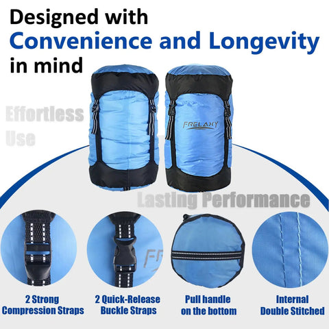 Blue ultralight compression sack for sleeping bags 11L 18L 30L 45L, water resistant and space saving, with compression straps.