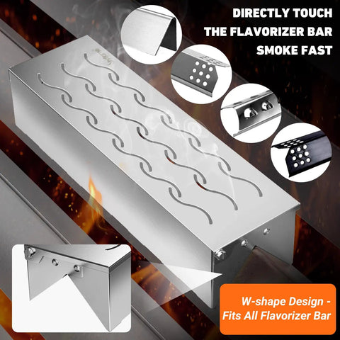Stainless Steel Wood Chip Smoker Box With Hinged Lid Double V Shape For Charcoal Or Propane Grills in fire setting.