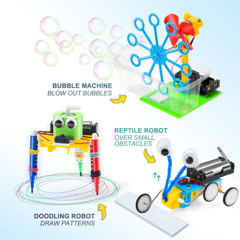 Image of Six In One STEM Robotics Kit For Kids Ages Eight To Twelve with bubble machine, doodling robot, reptile robot.