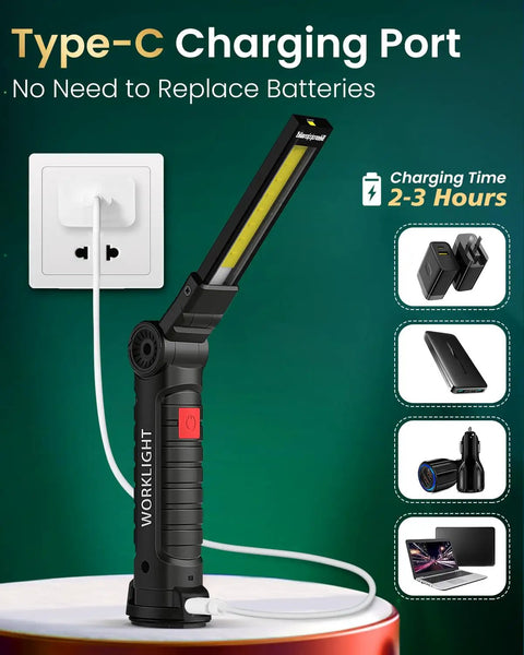 Rechargeable LED Work Light With Magnetic Base 360 Degree Rotation 5 Modes Foldable Portable Grill And Workshop Light charging