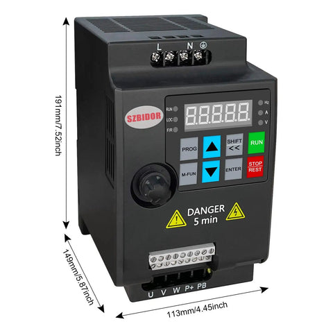 Beefy Variable Frequency Drive For Spindle And CNC Machines 220V 3HP 10A Inverter Controller front view with dimensions