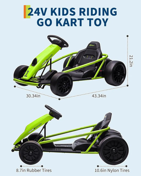 24V Electric Go Kart For Kids With Dual 300W Motors, 9Ah Battery, 8.1 MPH Speed, Full Metal Frame, Nylon Drifting Wheels, Green