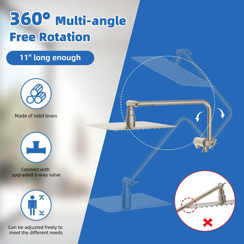 Diagram showing 11-inch extension arm with 360° rotation for Pro Grade High Pressure 10 Inch Rain Shower Head Combo With Handheld.