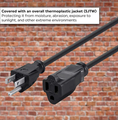 Heavy Duty 6 Foot Extension Cord 16 AWG SJTW Indoor Outdoor Power Cable 3 Prong 125V 13A NEMA 5-15P to NEMA 5-15R ETL Listed