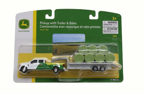 1/64 Scale Farm Toy Pickup With Trailer And Bale Load Rig in packaging, die-cast metal, realistic dealer graphics, kid friendly