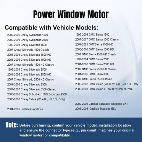 Power Window Lift Motor Direct Replacement Front Or Rear Right Passenger Side Fits Chevy Tahoe Avalanche Silverado GMC Yukon Sierra