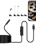 Dope Endoscope Camera With Light For Pipe Inspection, 16.4Ft semi-rigid cable, black attachments, connected to smartphone