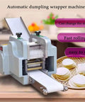 Electric Dumpling Skin Maker With 140W Motor Automatic Wonton Wrapper Machine For Hustle Free Batch Prep Nonstick Rollers shown in kitchen setting.