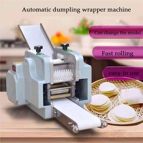 Electric Dumpling Skin Maker With 140W Motor Automatic Wonton Wrapper Machine For Hustle Free Batch Prep Nonstick Rollers shown in kitchen setting.