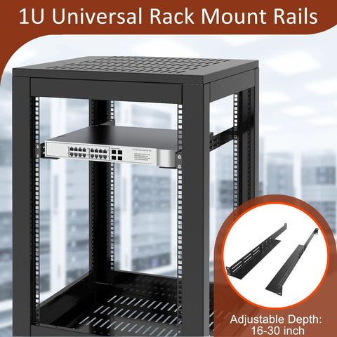 1U Universal Rack Mount Rails Four Post Server Telescoping Slides installed in a black rack cabinet with adjustable depth.