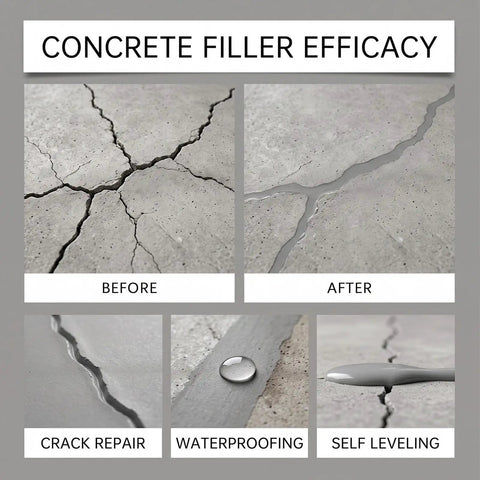 Zero Mess Drip Free Heavy Duty Rubberized Concrete Crack Filler And Cement Repair Sealant displayed in before and after images of crack repair.
