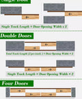 Diagram showing single, double, and four-door setups for a Double Sliding Door Track Hardware Kit For Bypass Doors For Three Quarter To One Inch Doors With Floor Guide And Rollers Top Mount Pocket Closet Track System Silver 39 Inch Length Smooth Quiet Glide Easy Install.