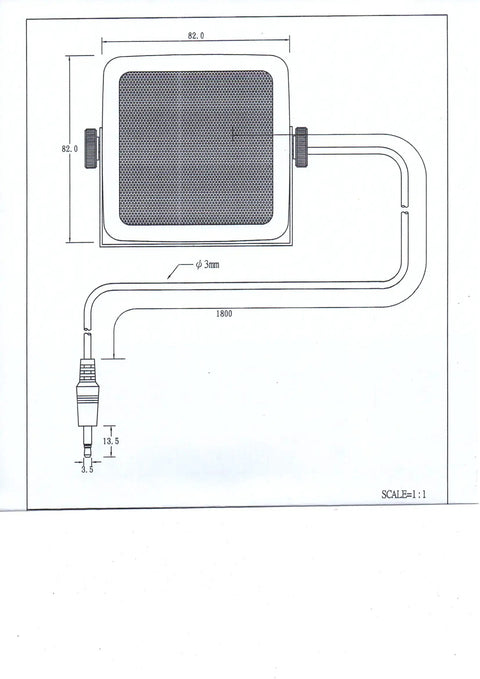 Technical drawing of external speaker for mobile transceivers ham radio CB radio with swivel bracket, 8 ohm, 5W output, 1.8m cable.