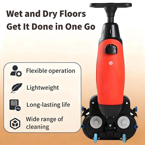 Cordless Electric Floor Scrubber 36V 10.5Ah Heavy Duty Industrial Scrubber With Dual 4L and 6L Tanks, front view red machine
