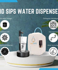 HID SIPS water dispenser with easy connect, chilled water features, and dishwasher-safe storage on a decorative stand.