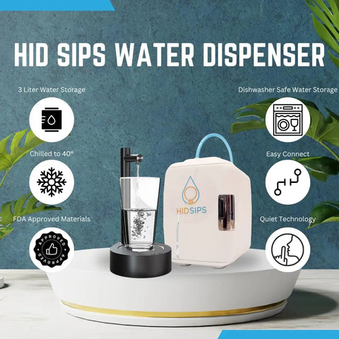 HID SIPS water dispenser with easy connect, chilled water features, and dishwasher-safe storage on a decorative stand.
