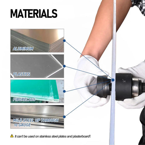 Demonstrating material compatibility for Ratchet Knockout Hole Punch Kit 1/2 To 2 Inch Slug-Buster Conduit Cutter Set on aluminum and others.