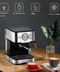 Go Big Or Go Home Daily Grind Semi Automatic Espresso Machine With 20 Bar Pressure showcasing clear temp gauge and espresso cups.