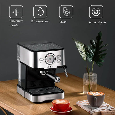 Go Big Or Go Home Daily Grind Semi Automatic Espresso Machine With 20 Bar Pressure showcasing clear temp gauge and espresso cups.