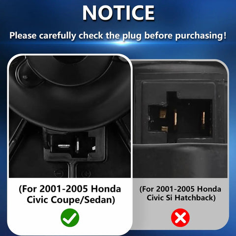 Honda AC Heater Blower Motor Fan Replacement plug comparison for Civic 2001-2005, specifying coupe/sedan compatibility