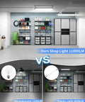 Comparison of Crazy Bright 100W LED Shop Light Delivers 11000 Lumens Of Daylight 6000K in garage vs incandescent and plastic lights