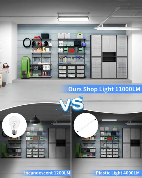 Comparison of Crazy Bright 100W LED Shop Light Delivers 11000 Lumens Of Daylight 6000K in garage vs incandescent and plastic lights