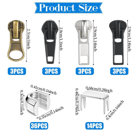 Zipper Repair Kit 62 Piece Metal Zipper Parts Retainer Box Zipper Pull Replacement Top Stop Bottom Stop Fix Zipper Head