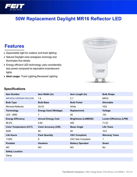 LED MR16 GU10 Track Light Bulb 7W Equivalent To 50W Dimmable Recessed Lighting, features and specifications sheet
