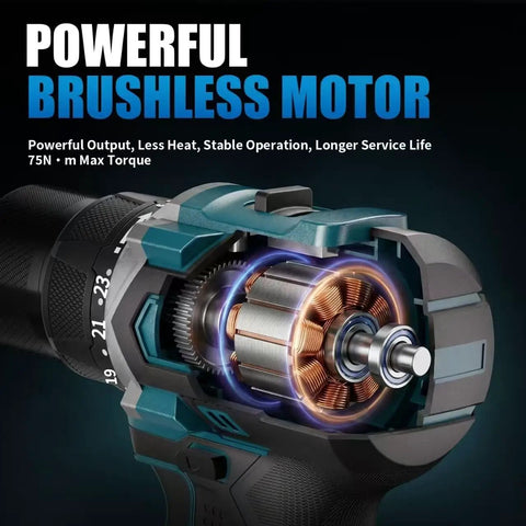 Cutaway view of Heavy Duty Cordless Drill And Driver With Badass Brushless Motor showcasing powerful brushless motor and 75 Nm torque.