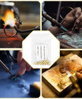 Collage of Gold-Plated Alloy Solder Chips 1x1mm, 0.5g Pack during jewelry repair and electronic welding.